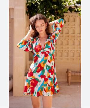 YIREH Tropicana design in the Asteria style long sleeve hi low hem dress 2XL NWT